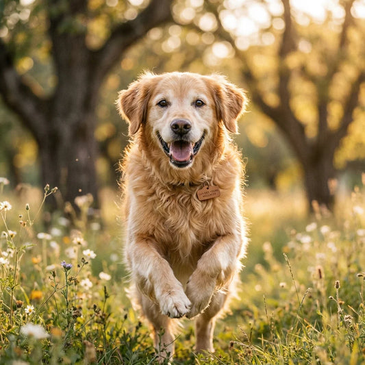 Senior Golden Retriever with vibrant energy and sparkle in eyes